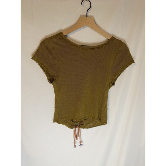 Free People Size M Green Tie Front Crop Top Knit Boho Hippie - Picture 2 of 3